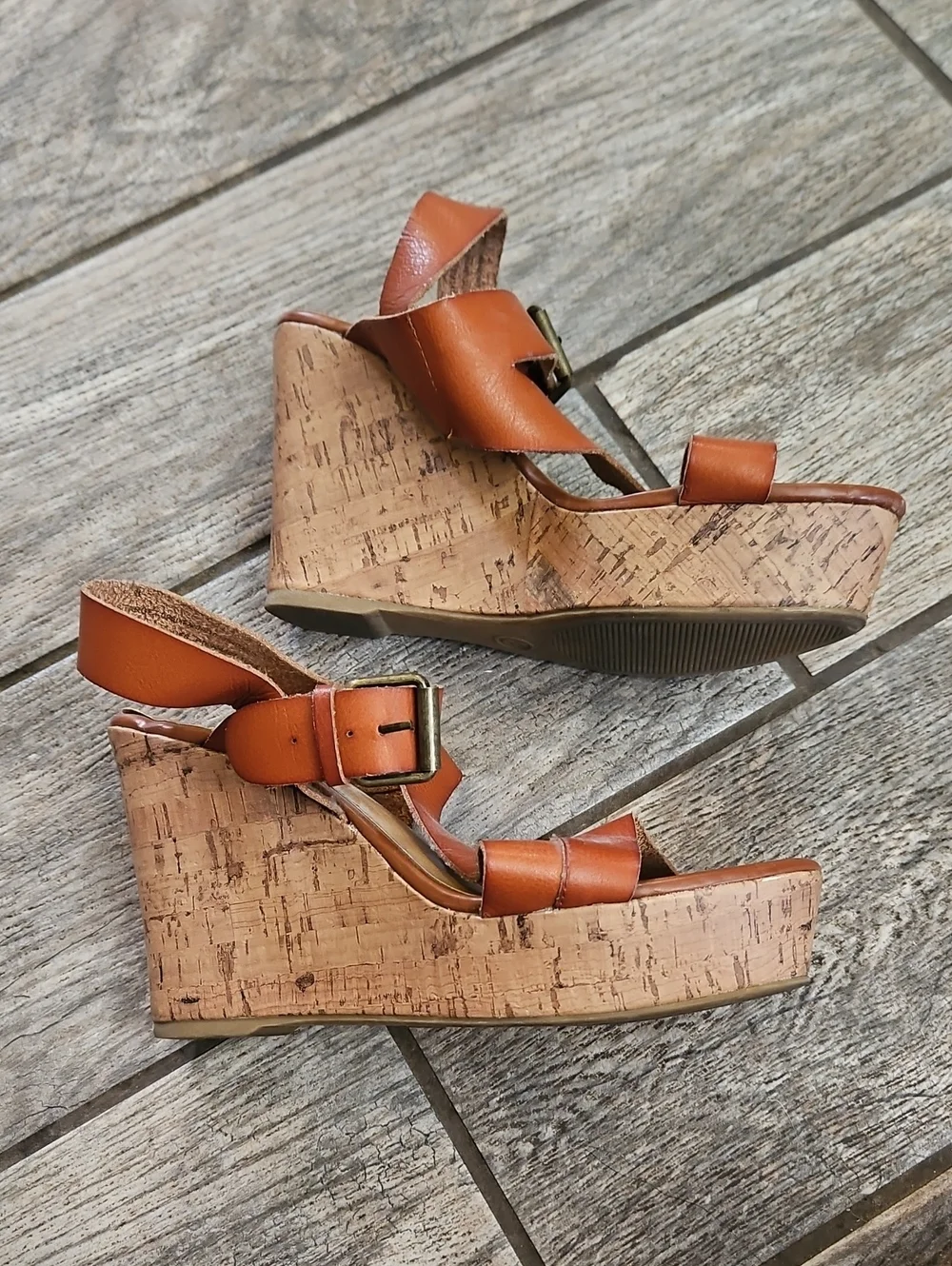 Mossimo Supply Co. Tan Leather Cork Wedge Sandals Size 8